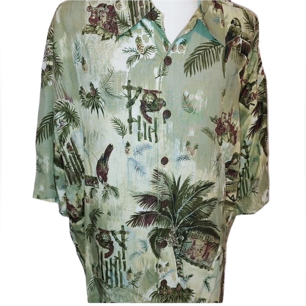Vintage Hawaiian Rayon Parrot Palm Trees Shirt L